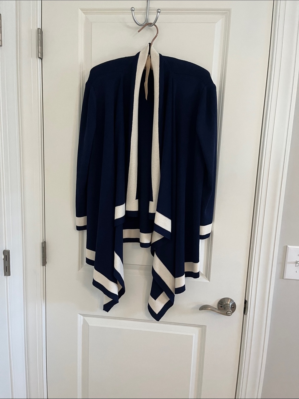 St. John Navy Open-Front Draped Cardigan with Cream Trim